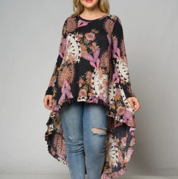 Tops - Black Floral Medallion Hi/Lo Ruffled hem Tunic